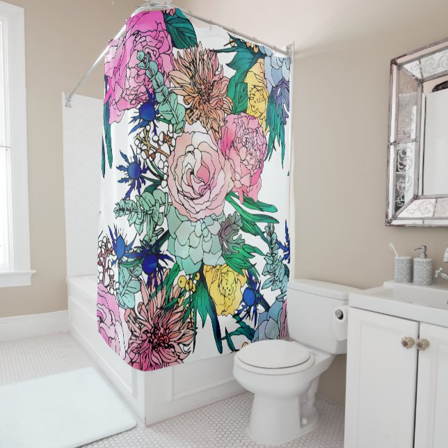 Stylish Colorful Watercolor Floral Pattern Shower Curtain (In Situ)