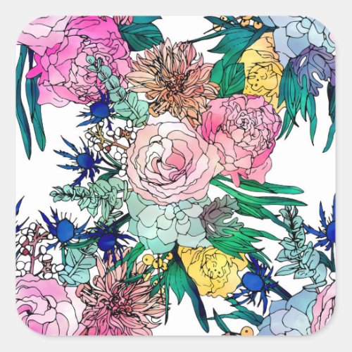 Stylish Colorful Watercolor Floral Pattern Square Sticker