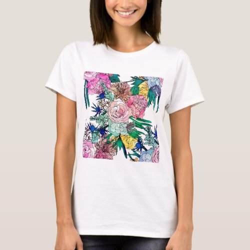 Stylish Colorful Watercolor Floral Pattern T_Shirt