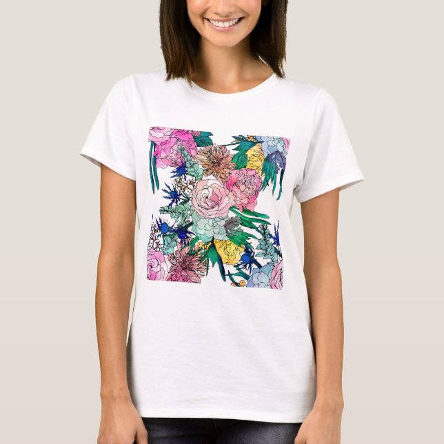 Stylish Colorful Watercolor Floral Pattern T-Shirt (Front)