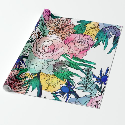 Stylish Colorful Watercolor Floral Pattern Wrapping Paper