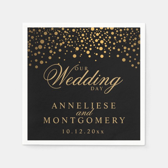 Stylish Confetti Gold Dots on Black - Wedding Day Napkins (Front)