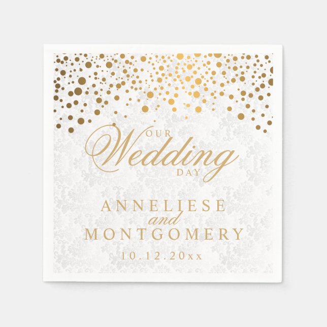 Stylish Confetti Gold Dots Our Wedding Day Napkins (Front)