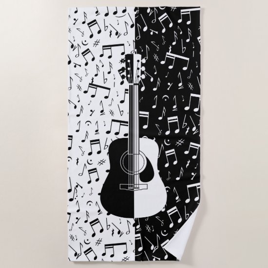 Stylish contemporary black and white guitar music beach towel