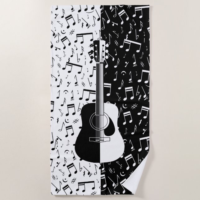 Stylish contemporary black and white guitar music beach towel (Front)