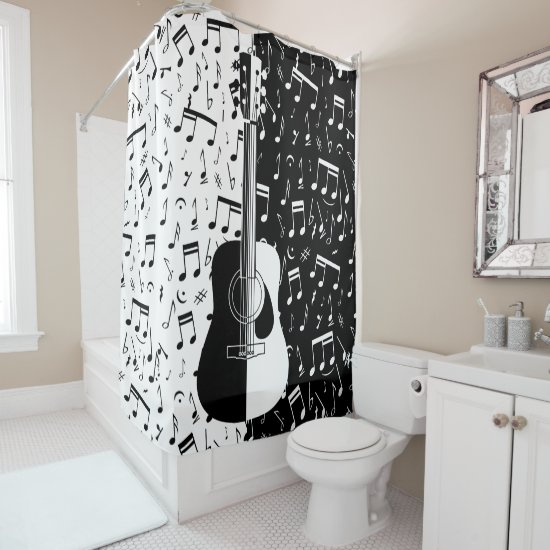 Stylish contemporary black and white guitar music shower curtain