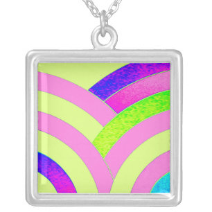 stylish contemporary pink/lime chevron silver plated necklace