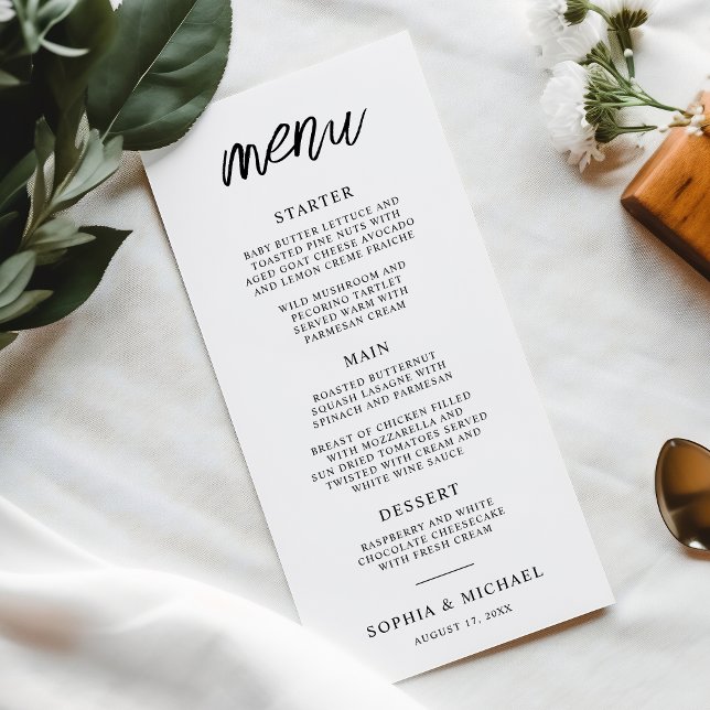 Stylish Contemporary Script Black White Wedding Menu (Creator Uploaded)