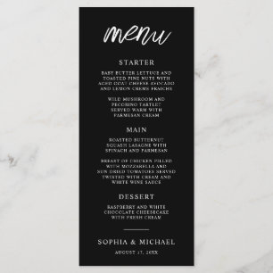 Stylish Contemporary Script Black White Wedding Menu