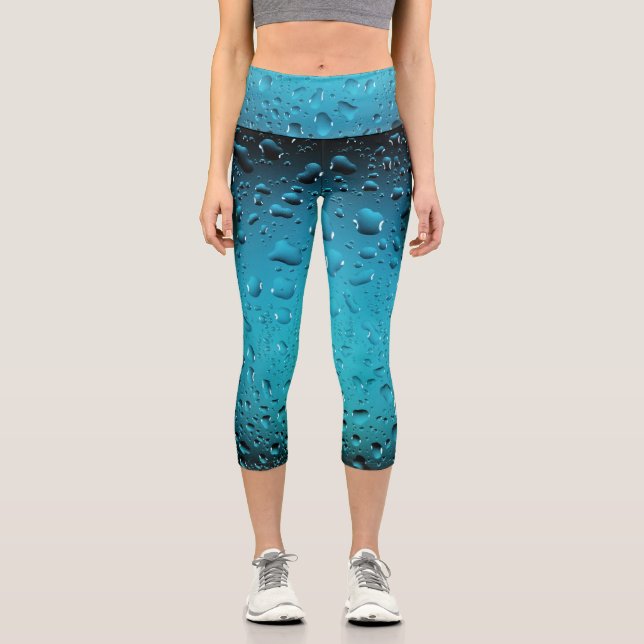 Stylish Cool Blue water drops Capri Leggings (Front)