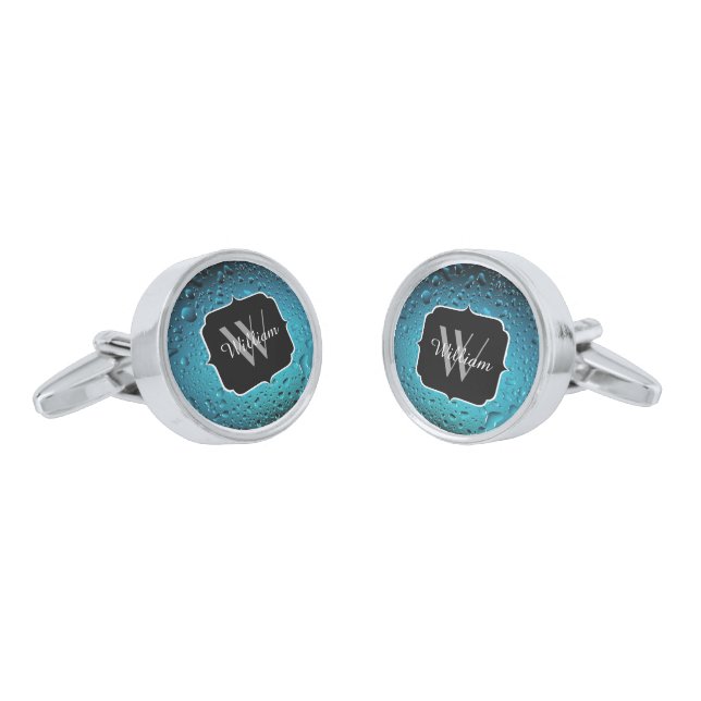 Stylish Cool Blue water drops Monogram Cufflinks (Angled)