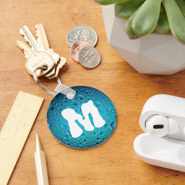 Stylish Cool Blue water drops Monogram Keychain (Desk)