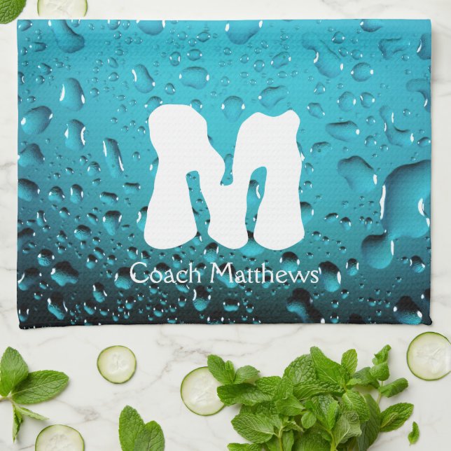 Stylish Cool Blue water drops Monogram Kitchen Towel (Folded)