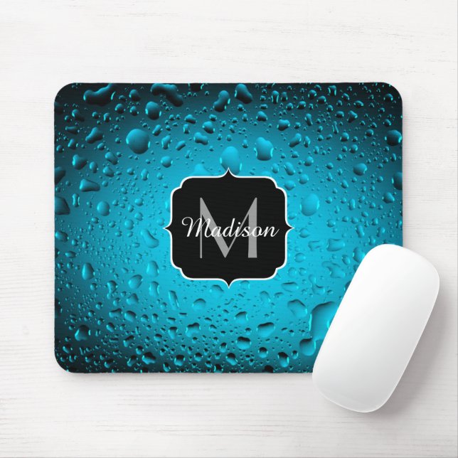 Stylish Cool Blue water drops Monogram Mouse Pad (With Mouse)