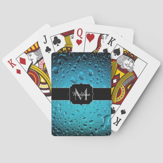 Stylish Cool Blue water drops Monogram Poker Cards (Back)