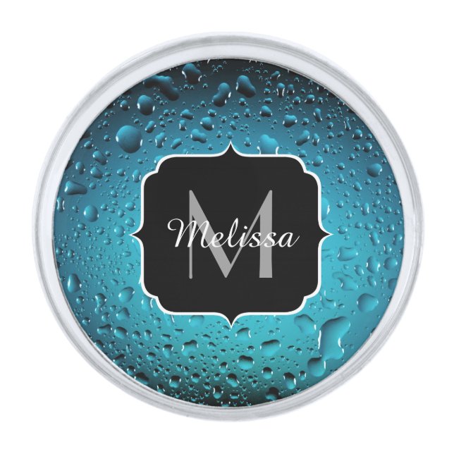 Stylish Cool Blue water drops Monogram Silver Finish Lapel Pin (Front)