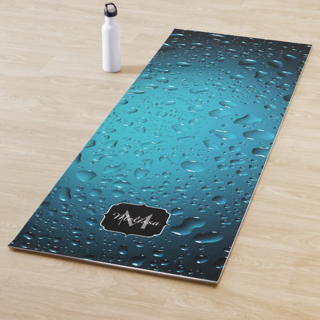 Stylish Cool Blue water drops Monogram Yoga Mat (In Situ)