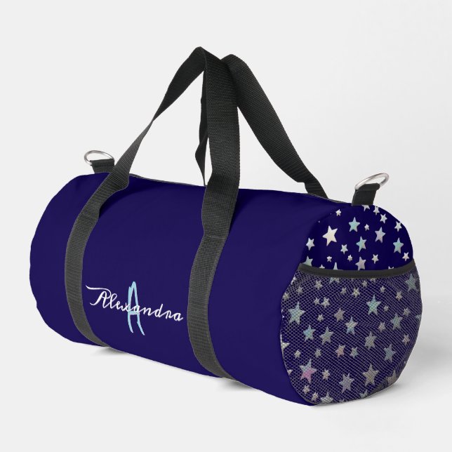 Stylish Cool Stars Pattern Navy Blue Monogrammed Duffle Bag (Right Corner)