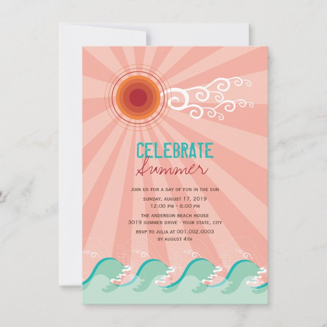 Stylish Cool Waves Pink Sun Summer Party Invite (Front)
