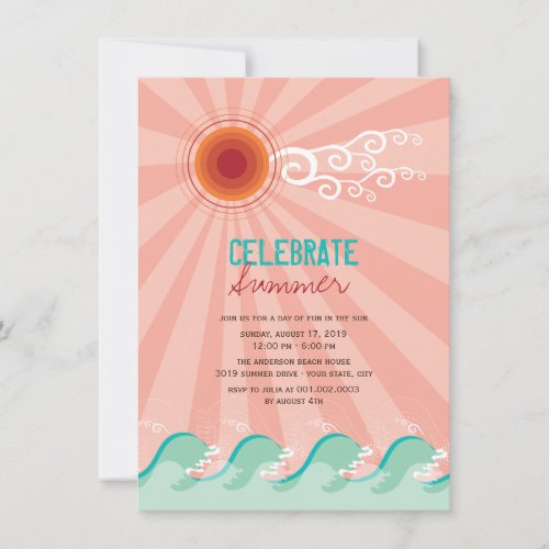 Stylish Cool Waves Pink Sun Summer Party Invite