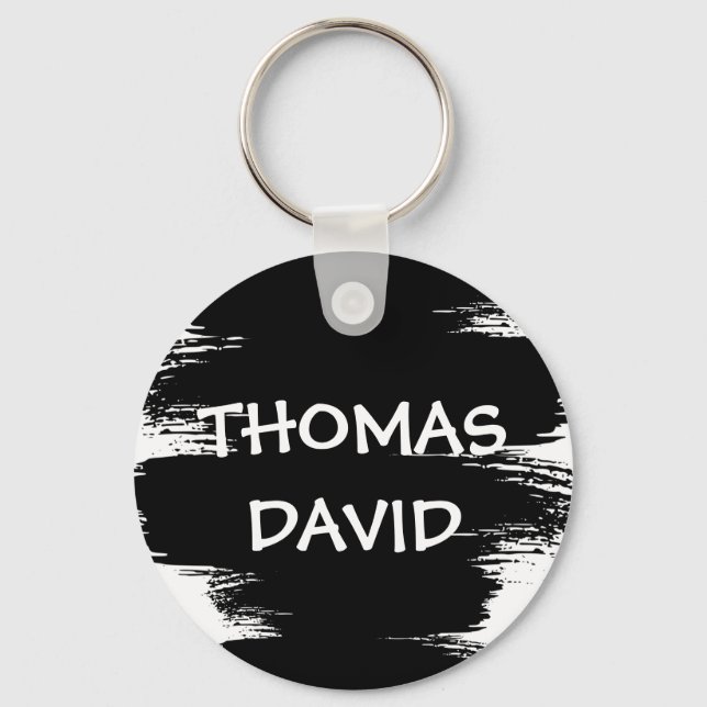 Stylish Cool White Black Paint Brush Stroke Photo  Keychain (Front)