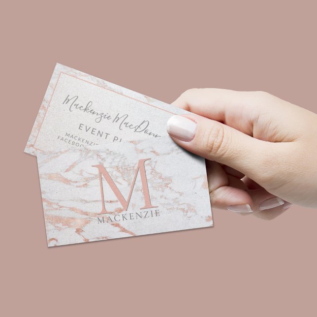 Stylish Copper Rose Gold Foil Marble Monogram Business Card