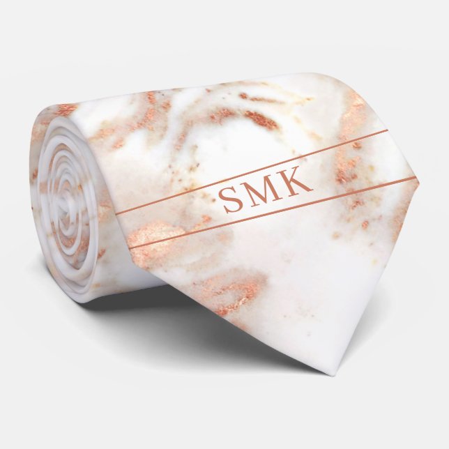 Stylish Copper Rose Gold Foil Marble Monogram Neck Tie (Rolled)