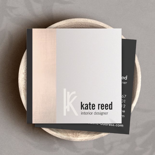 Stylish Copper Rose Gold Stripe Square Monogram Business Card (Creator Uploaded)