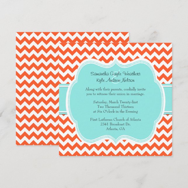 Stylish Coral & Aquamarine Wedding Invitation (Front/Back)