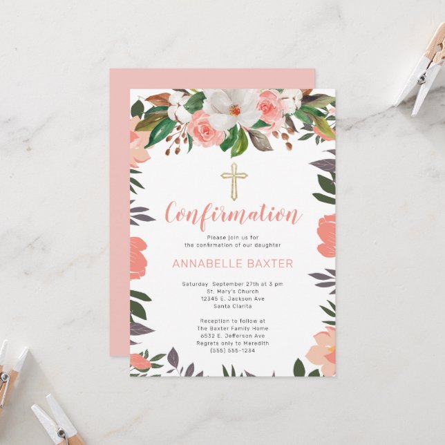 Stylish Coral Blush Floral Confirmation Invitation (Front/Back In Situ)