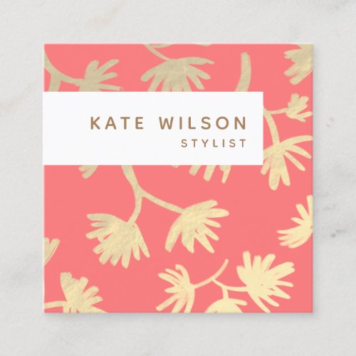 Stylish Coral Gold Hand Drawn Floral Pattern Square Business Card