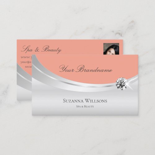 Stylish Coral Silver Decor with Photo and Diamond Business Card