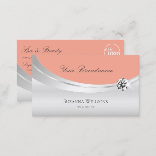 Stylish Coral Silver with Logo and Sparkle Diamond Business Card