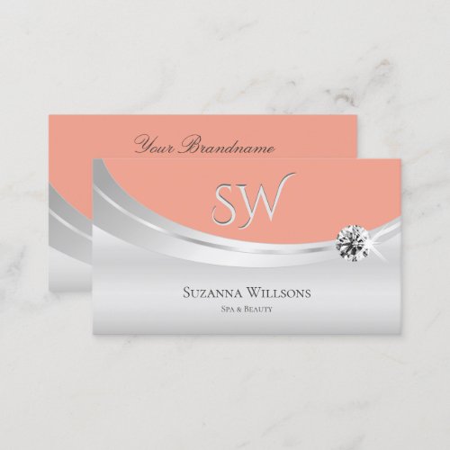 Stylish Coral Silver with Monogram and Diamond Business Card