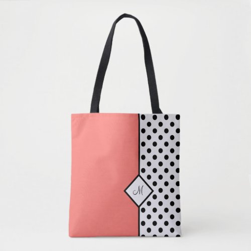 Stylish Coral with Black Polka Dots and Monogram Tote Bag