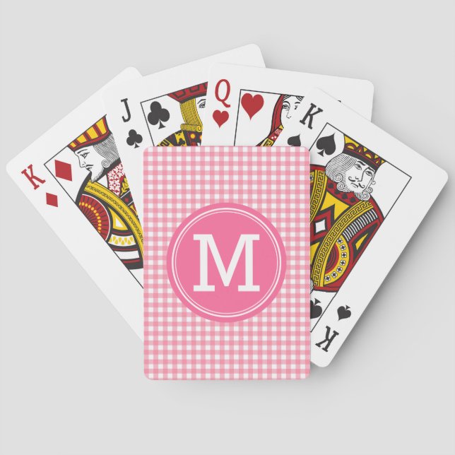 Stylish Country Gingham Pink Monogram Poker Cards (Back)