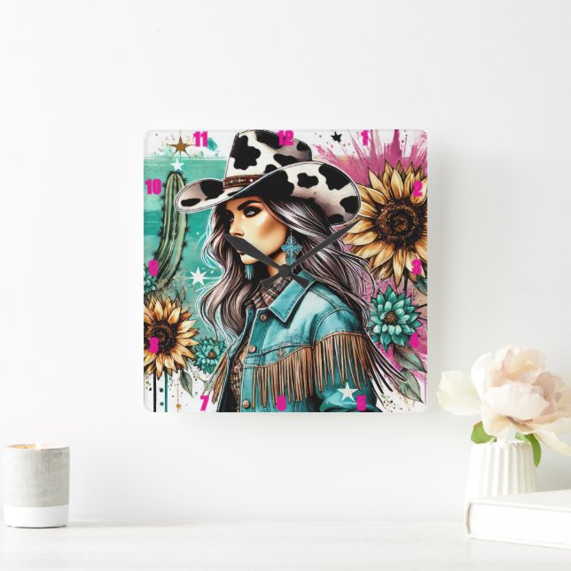 Stylish Cowgirl Illustration Floral Western Themes Square Wall Clock (Home)