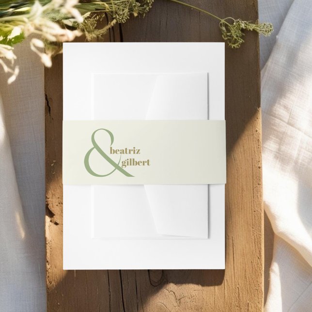 Stylish Cream Moss and Olive Green Modern Wedding Invitation Belly Band (Elegant monogram belly band with creamy white background moss green and olive green typography)