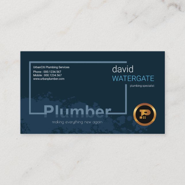 Stylish Creative Blue Watermark Plumbing Service Business Card (Front)