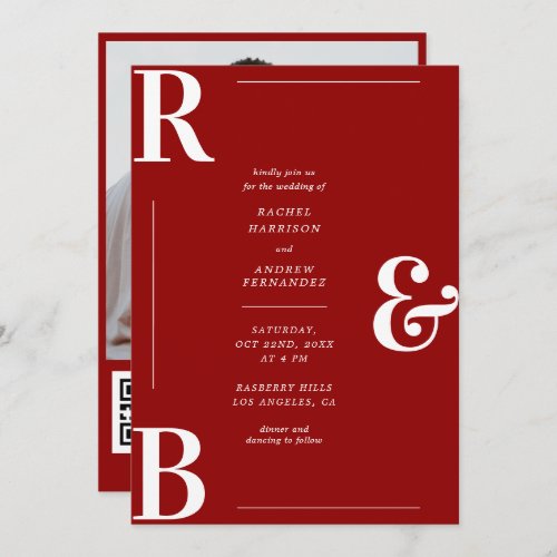 Stylish Crimson Red Monogram QR Code Wedding Invitation