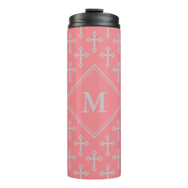 Stylish CROSS Monogram Pink Gray Thermal Tumbler (Front)