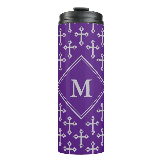 Stylish CROSS Monogram Purple Gray Thermal Tumbler (Front)