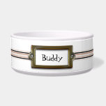 Stylish Custom Dog Bowl<br><div class="desc">Stylish dog food dish, with pretty graphics of a pink, black, and tan ribbon, around the dish, and a metal looking name plate, in the middle for your pet's name. Black custom text allows you to customize with your pet's name, for a personalized bowl your dog can be proud of....</div>