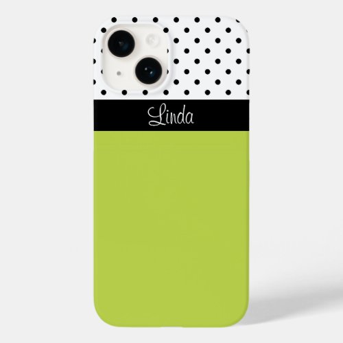 Stylish Custom Name Green White Black Polka Dots Case_Mate iPhone 14 Case