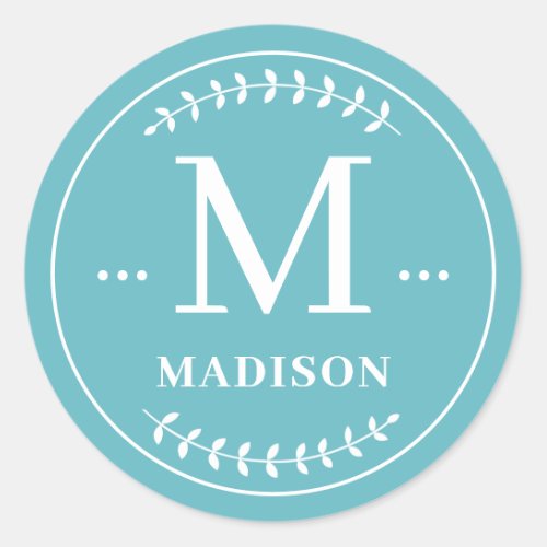 Stylish Custom Name Monogram Leaf Classic Round Sticker