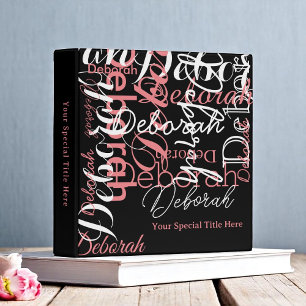 Stylish Custom Name Typography black/pink 3 Ring Binder