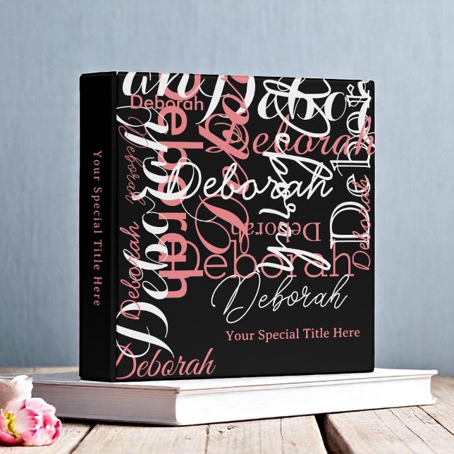 Stylish Custom Name Typography black/pink 3 Ring Binder (Creator Uploaded)
