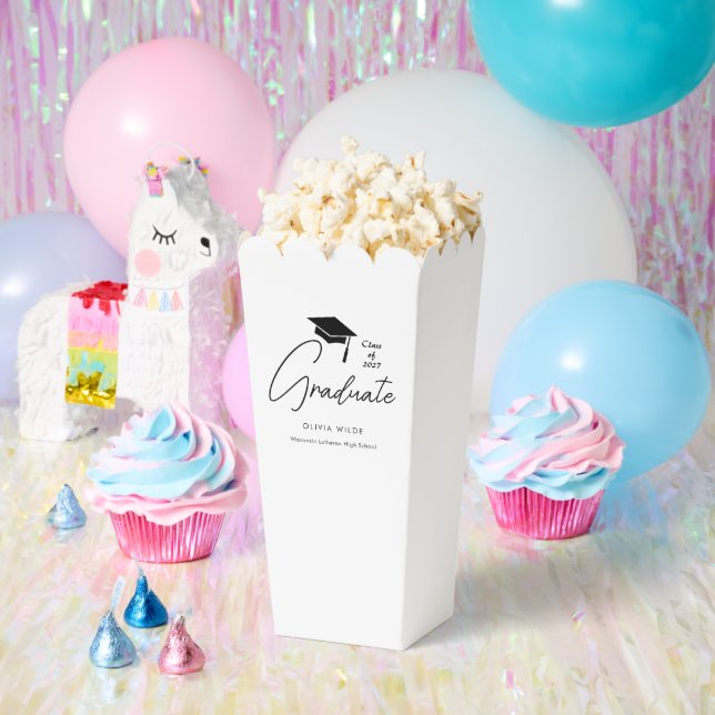 Stylish Custom Script Graduation White Popcorn Favor Boxes (Party)