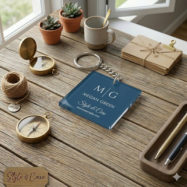 Stylish Custom Text Name and Brand Display Navy Keychain (Stylish Custom Text Name and Brand Display Navy Keychain)