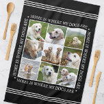 Stylish Custom Text Photo Collage Dogs Black White Kitchen Towel<br><div class="desc">Create a handy, personalized kitchen towel showcasing nine cherished photos, framed by the heartwarming message: "Home is where my dogs are." This stylish template features a photo collage arranged in a grid format, and traditional style lettering. Text can be customized to suit your photographs. Perfect for photos of family, friends,...</div>